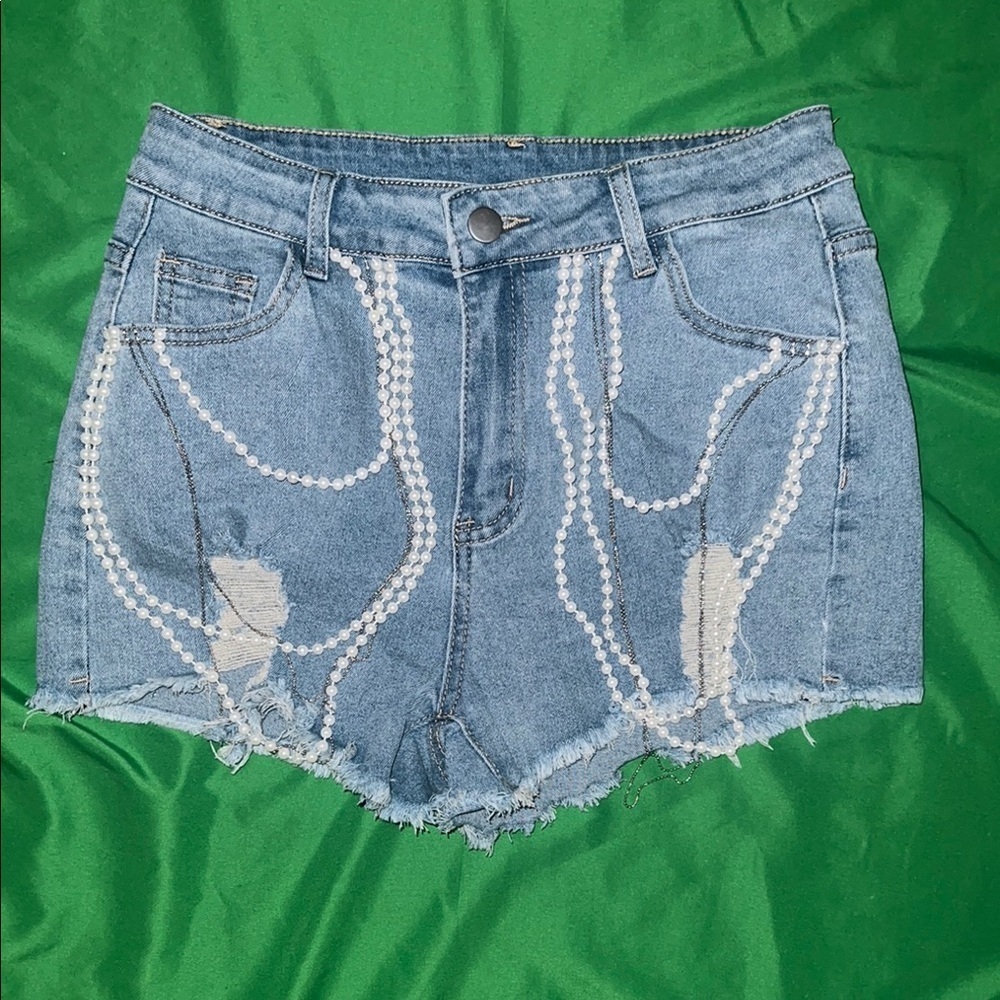 SHEIN Blue and White Jean Shorts with Distressed Design size 28 Stretch Denim